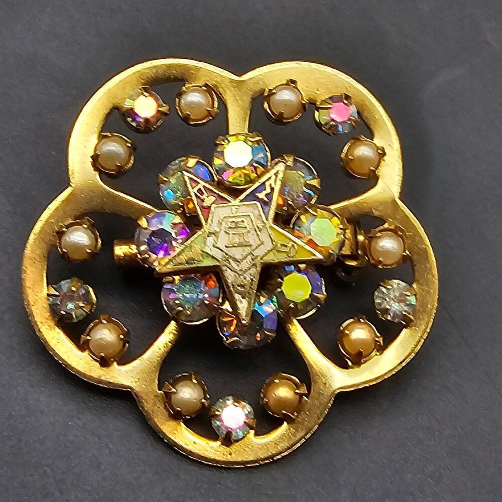 Vintage Masonic Brooch OES Order Eastern Star Rhinestone Faux Pearl Enamel